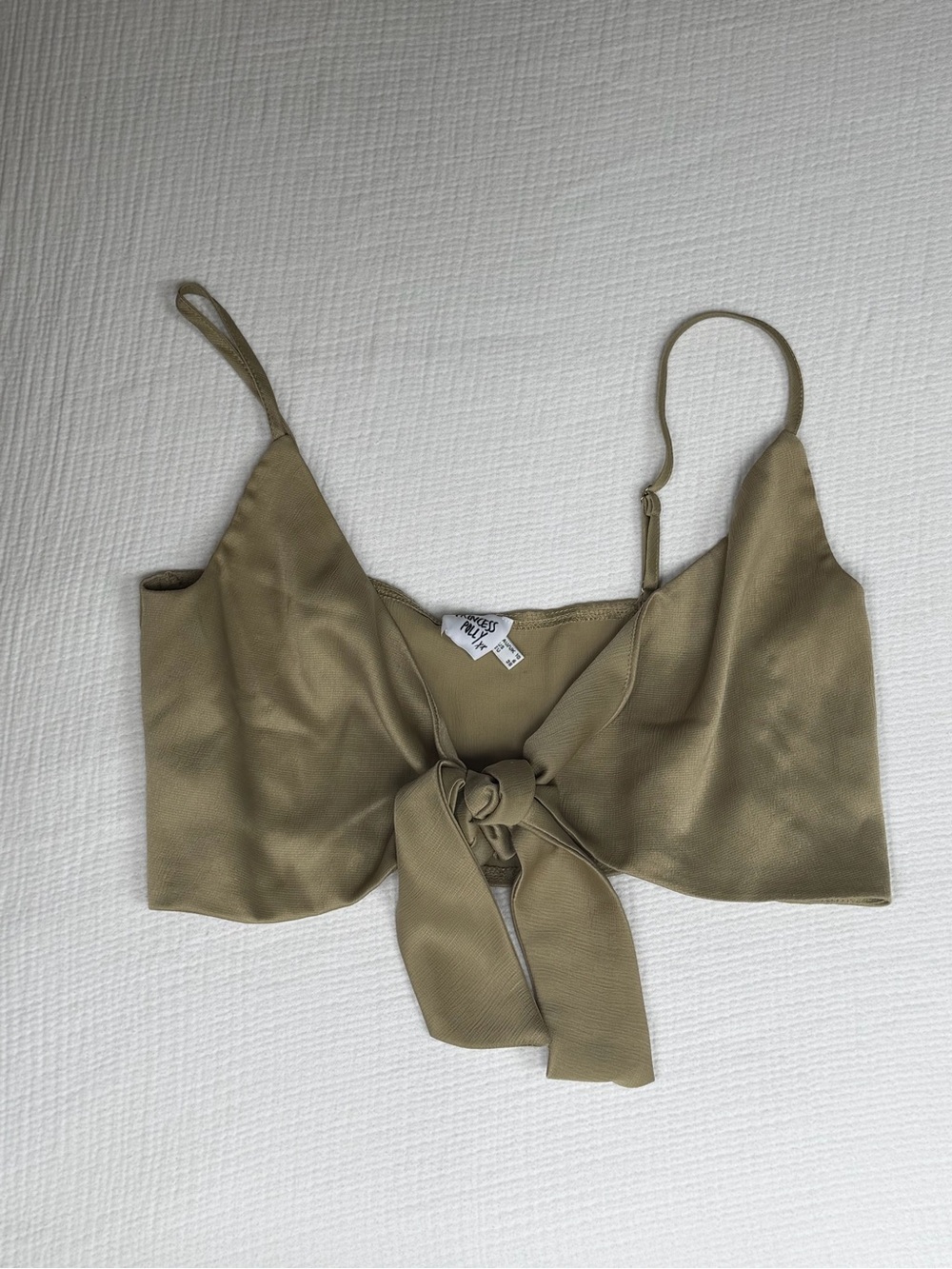 Princess Polly khaki green satin crop top in a US 6